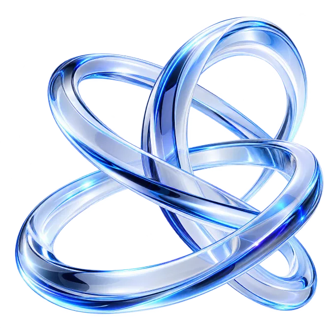 Abstract 3D graphic of intertwined iridescent blue glass loops