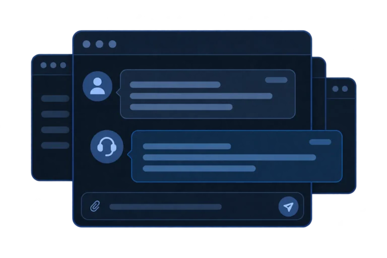 Illustration of an IT help desk chat window with message threads between a user and a support technician