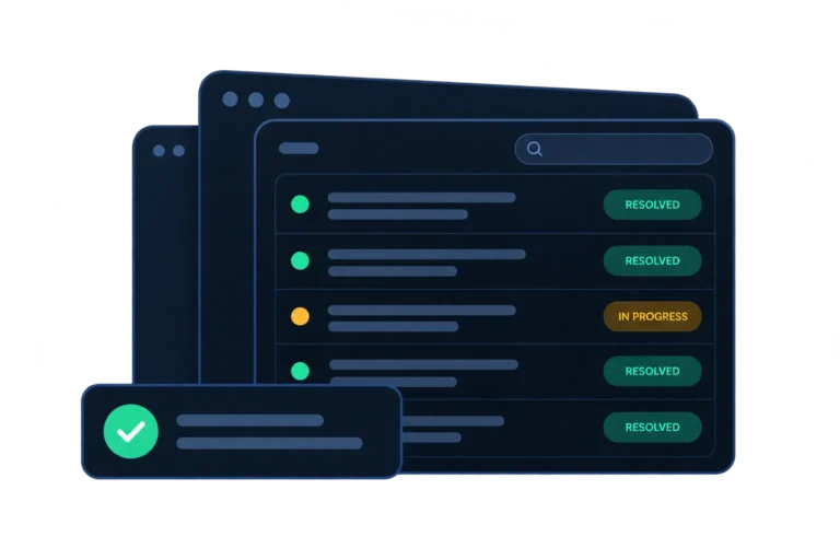 Illustration of an IT support ticket list with green resolved status labels and a checkmark confirmation