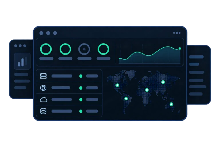 Illustration of a dark network monitoring dashboard with device health gauges, a network traffic graph and green status indicators